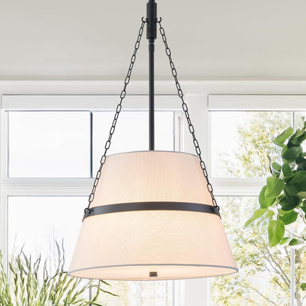 Modern Drum Chandelier for Dining Room 15.35" White Linen Fabric Pendant Light 4