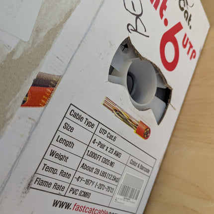 fast Cat. Cat6 Ethernet Cable 1000ft - 23 AWG, CMR, Insulated Solid Bare Copper