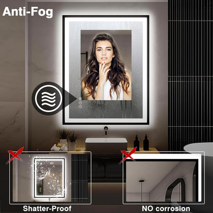 EchosLife 30x36 LED Bathroom Mirror with Lights - Black Framed, Front and Backli