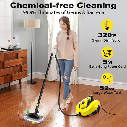 TVD Steam Cleaner for Home, 5-Bar with 1.5L Tank & 26 Accessories, 320°F Chemical-Free Deep Cleaning, 1800W, Yellow