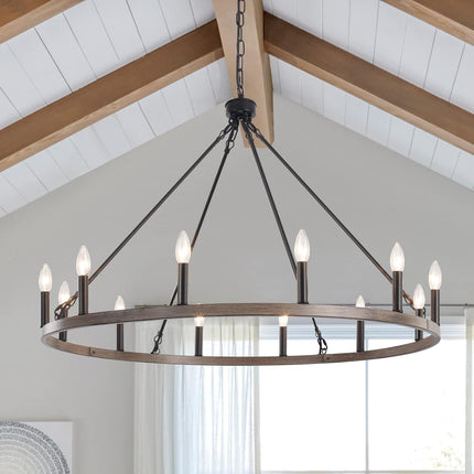 ZJVAIVE 12-Light Black Wagon Wheel Chandelier, 38''Rustic Farmhouse Chandelier,R