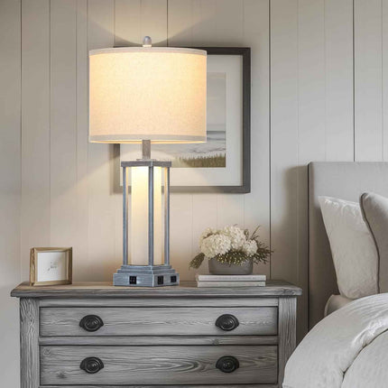 Cinkeda 27" Tall Vintage Table Lamp Set of 2 with USB C+A & Outlet,Gray Nightsta