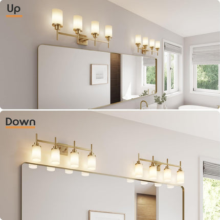 AONEON Wall Light Fixtures 4-Light Over Mirror, Gold Vanity Lights with White Fr
