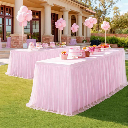 2 Pack Pink Table Cloth for 6 Foot Rectangle Tables, Pink Tulle Table Skirt Stre