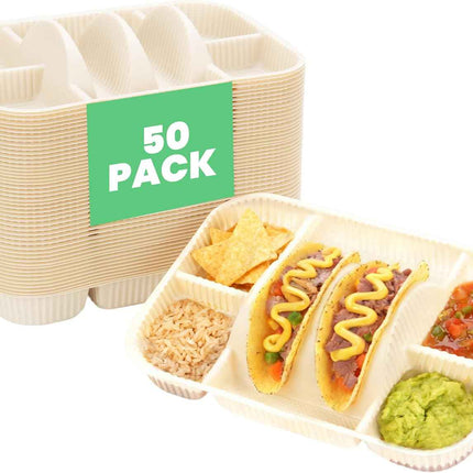 4-Compartment Disposable Taco Plates for 2 Tacos & 4 Sides | Extra-Deep Raised E