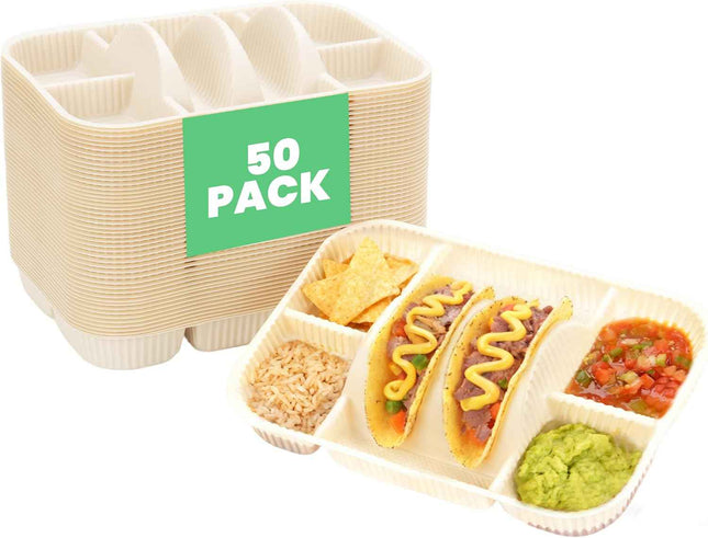 4-Compartment Disposable Taco Plates for 2 Tacos & 4 Sides | Extra-Deep Raised E