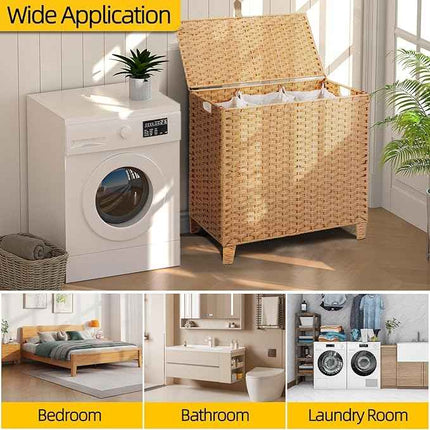 214 L Wicker Laundry Hamper with Lid 3 Section, Extra Large HandWoven Synthetic