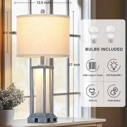Cinkeda 27" Tall Vintage Table Lamp Set of 2 with USB C+A & Outlet,Gray Nightsta