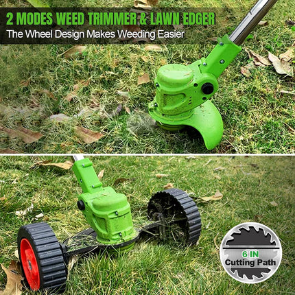 MUKHSIN Battery Powered Weed Wacker with Wheels, 650W Cordless Grass Trimmer, Telescopic Pole, 3-in-1 Blades (No Gloves)
