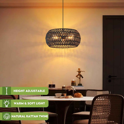 Black Rattan Light Fixture Drum Pendant Light Dinning Room Lighting Boho Chandel