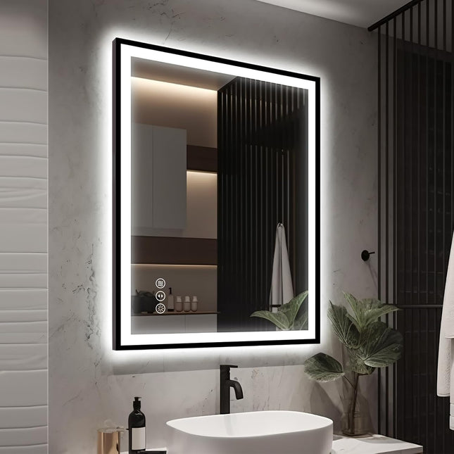 EchosLife 30x36 LED Bathroom Mirror with Lights - Black Framed, Front and Backli