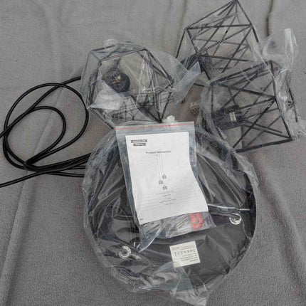 CADELON Black Pendant Light, Industrial 3 Light Pendant Lighting, Cage Metal Far