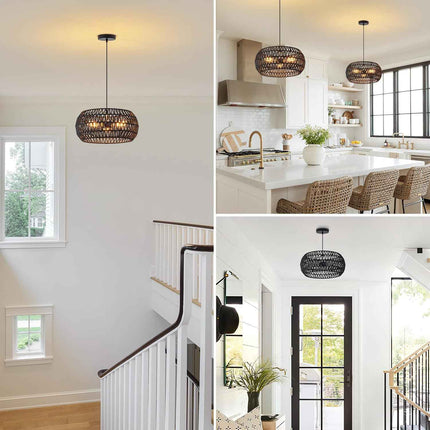 Black Rattan Light Fixture Drum Pendant Light Dinning Room Lighting Boho Chandel
