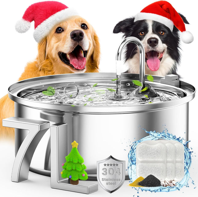 oneisall 7L Stainless Steel Pet Fountain for Dogs & Cats, Ultra-Quiet Water Dispenser with Triple Filtration