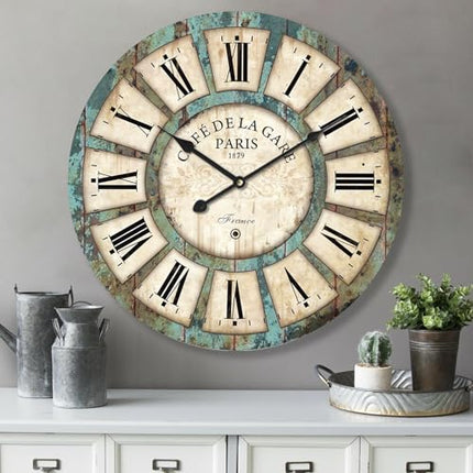 24 Inch Vintage Wall Clock, Roman Numerals Style, Battery Operated, Non-Ticking,