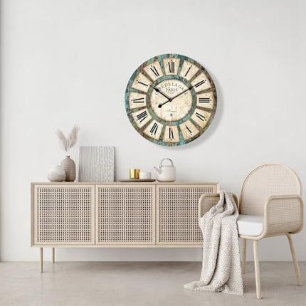 24 Inch Vintage Wall Clock, Roman Numerals Style, Battery Operated, Non-Ticking,