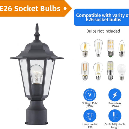WISBEAM Outdoor Post Light, E26 Pole Lantern with Aluminum Housing & Glass, 60W Max, Wet Rated, Black Rustic