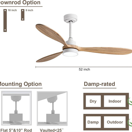 GESUM Ceiling Fan with Light, 52" Wood Ceiling Fan with Light Remote Control,6 S