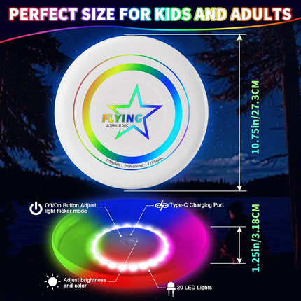 LED Light Up Flying Disc Toys for Kids Adults, Rechargeable, 175g 4 Brightness,