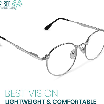 2SeeLife Round Metal Wire Rimmed Reading Glasses for Men & Women – Medium–Wide F