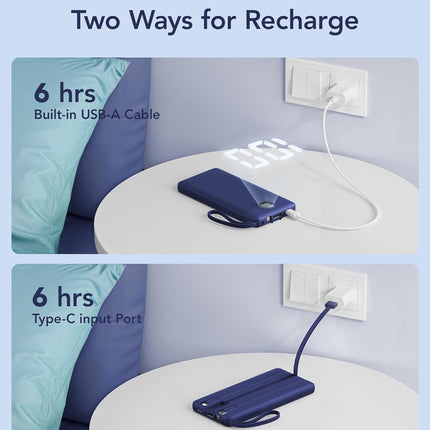 VRURC Portable Charger Buile-in 4 Cables 10000mAh, SlimPower Bank, 5 Output 2 In
