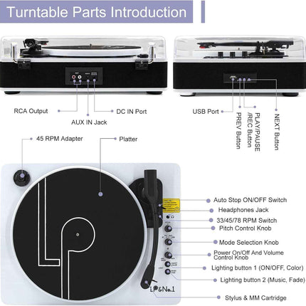 LP&No.1 Record Player with Built-in Stereo Speakers, LED Control, 3-Speed Belt-D