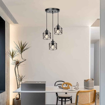 CADELON Black Pendant Light, Industrial 3 Light Pendant Lighting, Cage Metal Far
