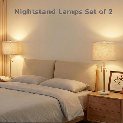 Table Lamp Set of 2, 22-30 inch Height Adjustable Modern Nightstand Lamps with Marble Base & Beige Linen Shades