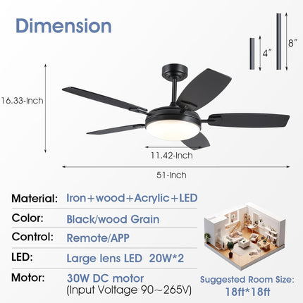 52 Inch Ceiling Fans with Lights and Remote,Black Outdoor Ceiling Fans with Dimm