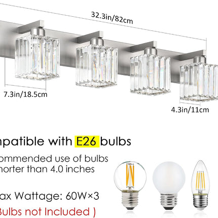 Aipsun 4-Light Crystal Modern Bathroom Vanity Light, Brushed Nickel