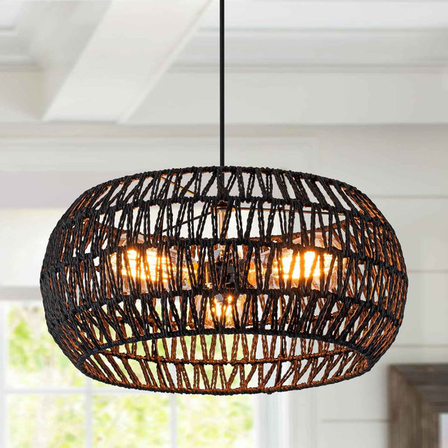 Black Rattan Light Fixture Drum Pendant Light Dinning Room Lighting Boho Chandel
