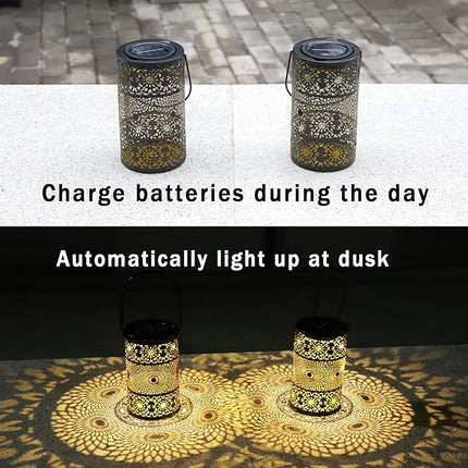 Freekite 2 Pack Solar Lanterns for Outdoor, Hanging Moroccan-Style Garden Lights with Ground Stakes, Auto Dusk-to-Dawn