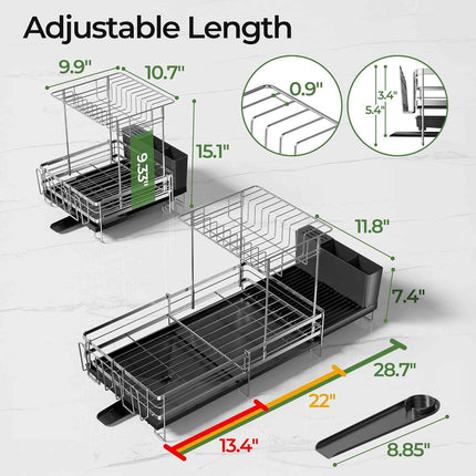 Large 2 Tier Dish Drying Rack, Extendable Dish Rack, Stainless Steel Anti-Rust D