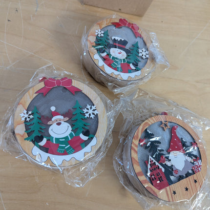 Set of 3, Light up Christmas Decoration Wooden Hanging Christmas Ornament (Round