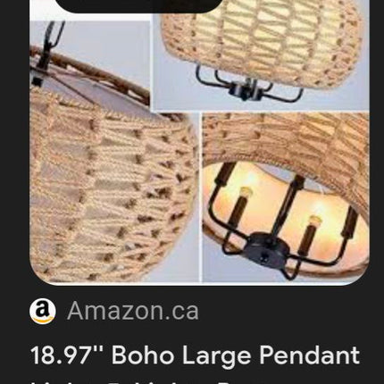 19" Rattan Chandelier, 5‑Light Boho Chandelier Light Fixture with Hand-Woven Wic