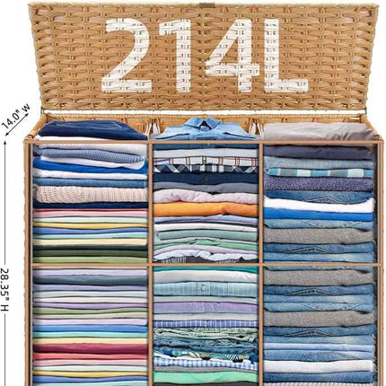 214 L Wicker Laundry Hamper with Lid 3 Section, Extra Large HandWoven Synthetic