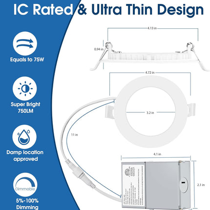 INCARLED 4Inch 5CCT LED Recessed Slim Pot Light with Junction Box, 2700K-5000K C