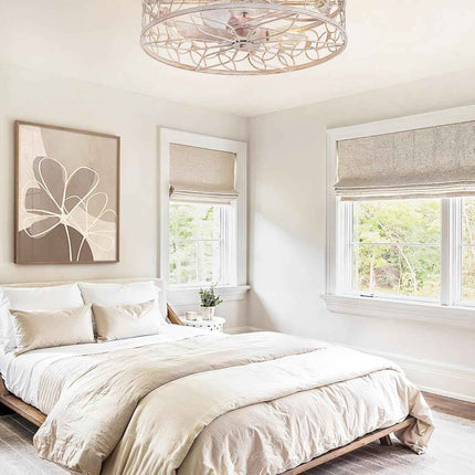 LEDIARY 23 Inch Caged Ceiling Fans with Lights, White Flush Mount Ceiling Fan wi