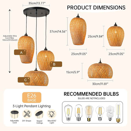 AOODU Rustic Rattan Pendant Light Fixture Farmhouse Bamboo Lighting fixtures 3-L
