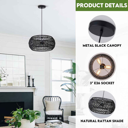 Black Rattan Light Fixture Drum Pendant Light Dinning Room Lighting Boho Chandel