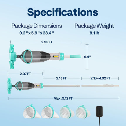 VIVOHOME Cordless Pool Vacuum with Telescopic & Extension Poles 9.12ft, 18.5 GPM