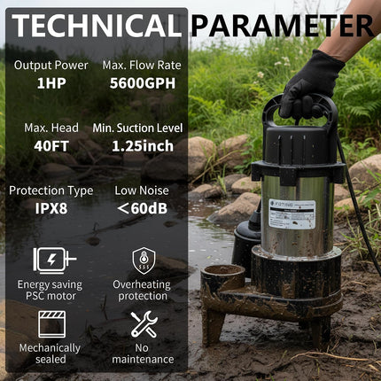 FOTING 1HP Submersible Sump Pump, Sewage/Effluent Pump 5600 GPH with 40 ft Lift, Cast Iron Heavy Duty with Float Switch