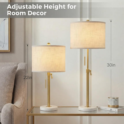 Table Lamp Set of 2, 22-30 inch Height Adjustable Modern Nightstand Lamps with Marble Base & Beige Linen Shades