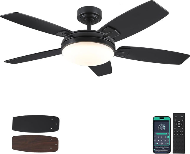52 Inch Ceiling Fans with Lights and Remote,Black Outdoor Ceiling Fans with Dimm