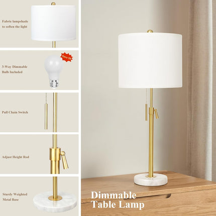Table Lamp Set of 2, 22-30 inch Height Adjustable Modern Nightstand Lamps with Marble Base & Beige Linen Shades