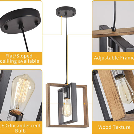 Black Farmhouse Pendant Light,1-Light Small Chandelier,Wood Dining Room Light Fi