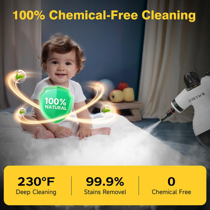 TICYACK Handheld Steam Cleaner with 16 Accessories, 1050W Continuous Steam, Chemical-Free Multi-Surface Cleaning, White