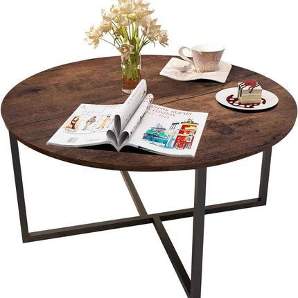 Round Living Room Coffee Table with X Base Metal Frame, Accent Furniture for Home Office, Black+Brown