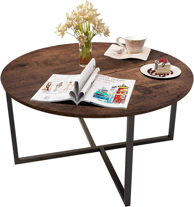 Round Living Room Coffee Table with X Base Metal Frame, Accent Furniture for Home Office, Black+Brown