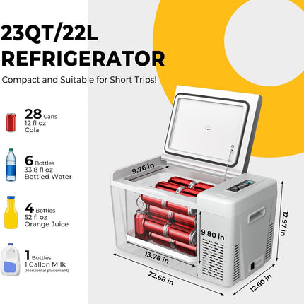 BougeRV CR23 Portable 12V Car Freezer & Fridge, 23 Quart, -8 to 50 F with 15 Min Fast Cooling, 45 dB, Grey